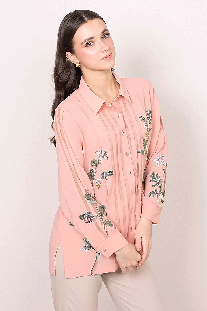 Peach Georgette Floral Embroidered Shirt by Ranna Gill at Pernia's Pop Up Shop