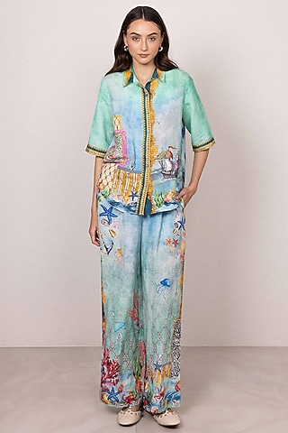 Multi-Colored Linen Viscose Printed Co-Ord Set by Ranna Gill