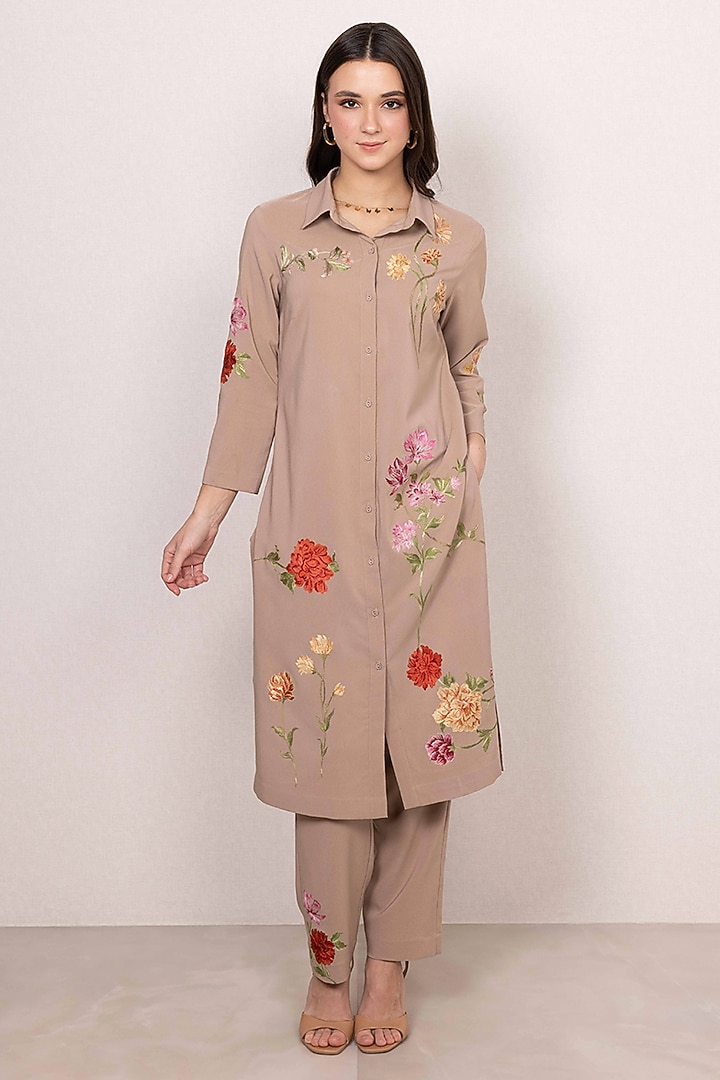 Warm Beige Poly Crinkle Floral Printed Tunic Set by Ranna Gill at Pernia's Pop Up Shop