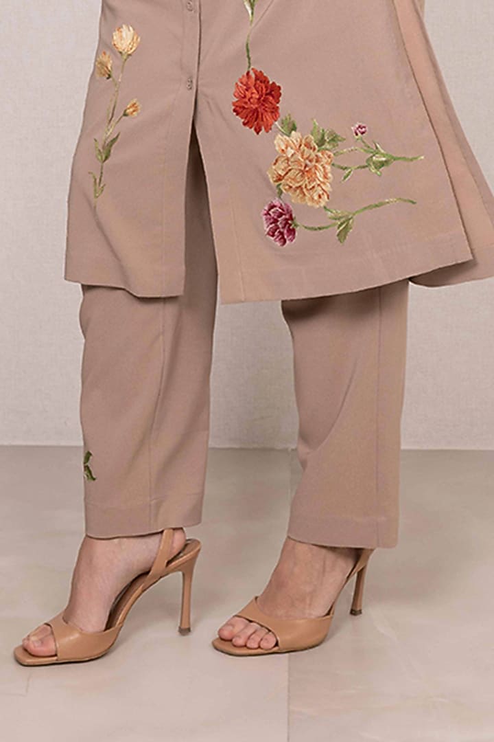 Warm Beige Poly Crinkle Floral Printed Tunic Set by Ranna Gill at Pernia's Pop Up Shop