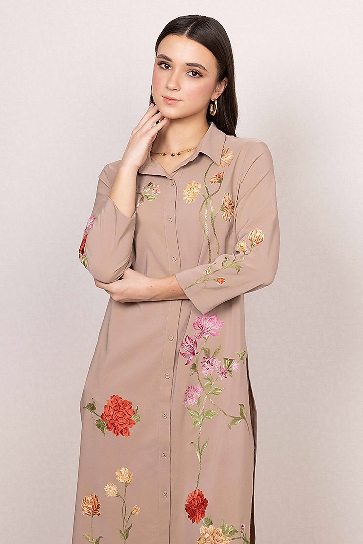 Warm Beige Poly Crinkle Floral Printed Tunic Set by Ranna Gill at Pernia's Pop Up Shop