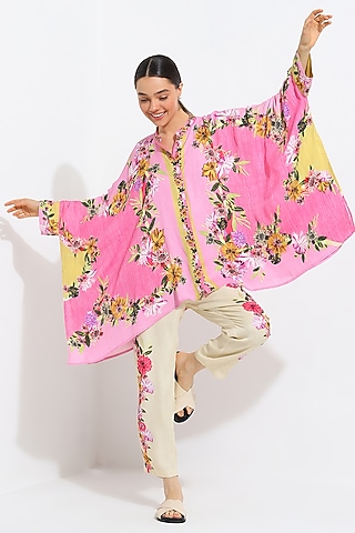 Multi-Colored Linen Blend Printed Kaftan Set by Ranna Gill