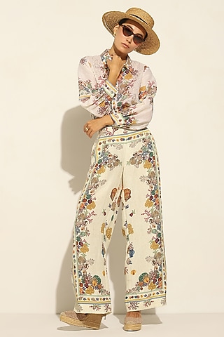 Multi-Colored Linen Blend Printed Wide-Leg Pants by Ranna Gill
