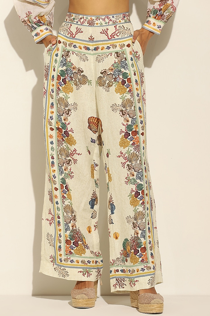 Multi-Colored Linen Blend Printed Wide-Leg Pants by Ranna Gill at Pernia's Pop Up Shop