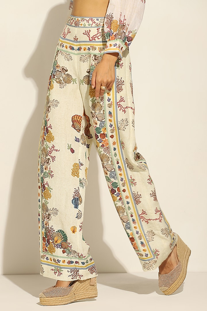 Multi-Colored Linen Blend Printed Wide-Leg Pants by Ranna Gill at Pernia's Pop Up Shop