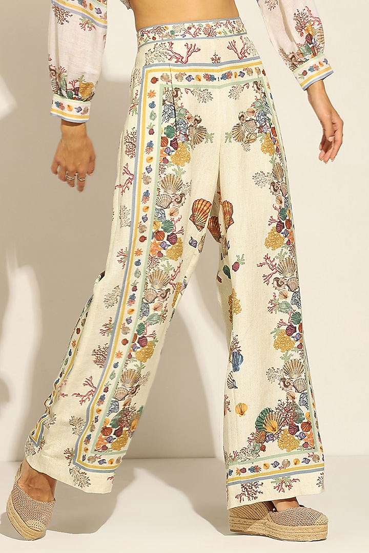 Multi-Colored Linen Blend Printed Wide-Leg Pants by Ranna Gill at Pernia's Pop Up Shop