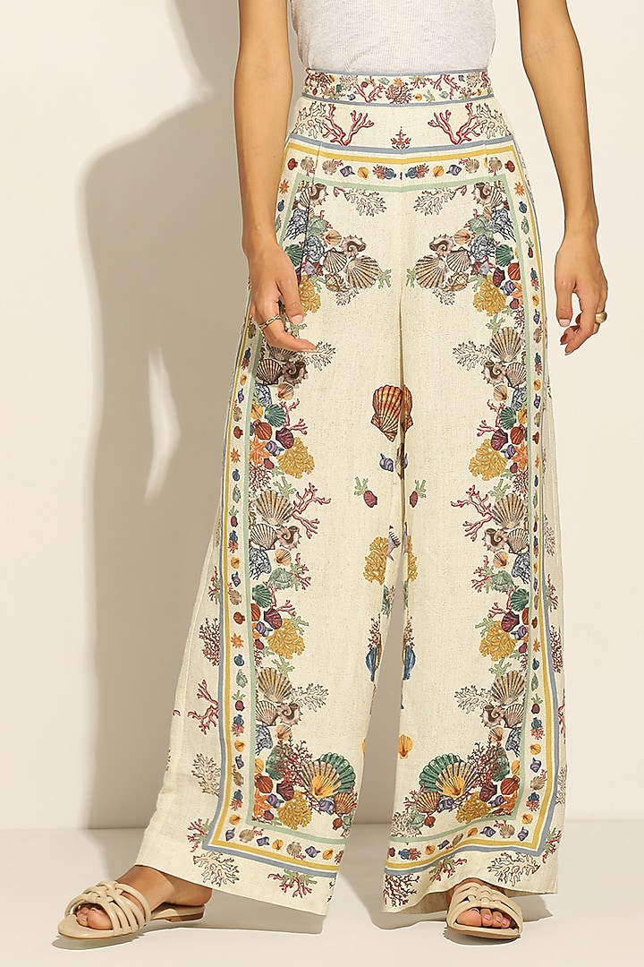 Multi-Colored Linen Blend Printed Wide-Leg Pants by Ranna Gill at Pernia's Pop Up Shop