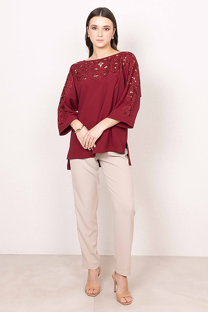 Maroon China Crepe Cutwork Shirt by Ranna Gill at Pernia's Pop Up Shop