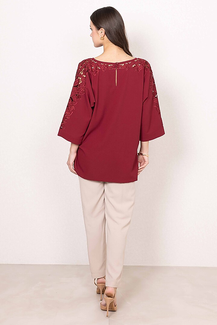 Maroon China Crepe Cutwork Shirt by Ranna Gill at Pernia's Pop Up Shop