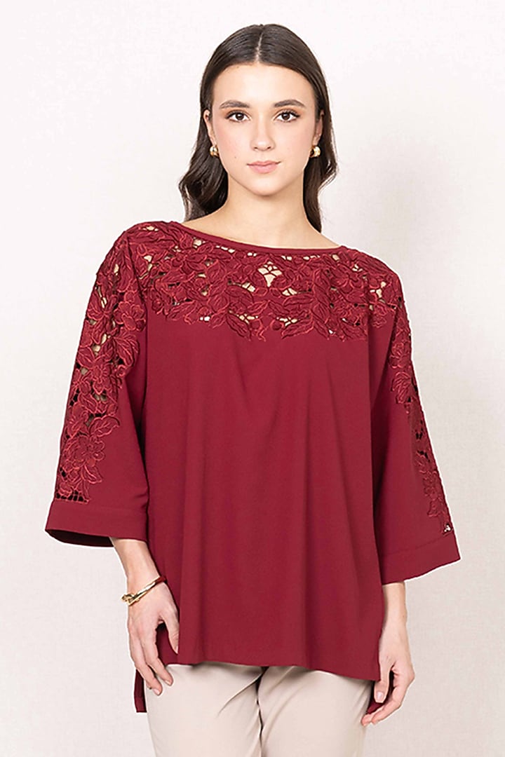 Maroon China Crepe Cutwork Shirt by Ranna Gill at Pernia's Pop Up Shop