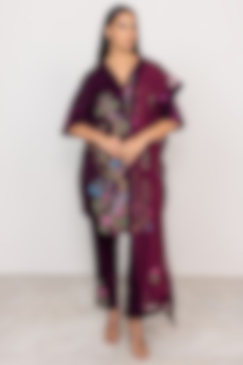 Oxblood Velvet Embroidered Tunic Set by Ranna Gill at Pernia's Pop Up Shop
