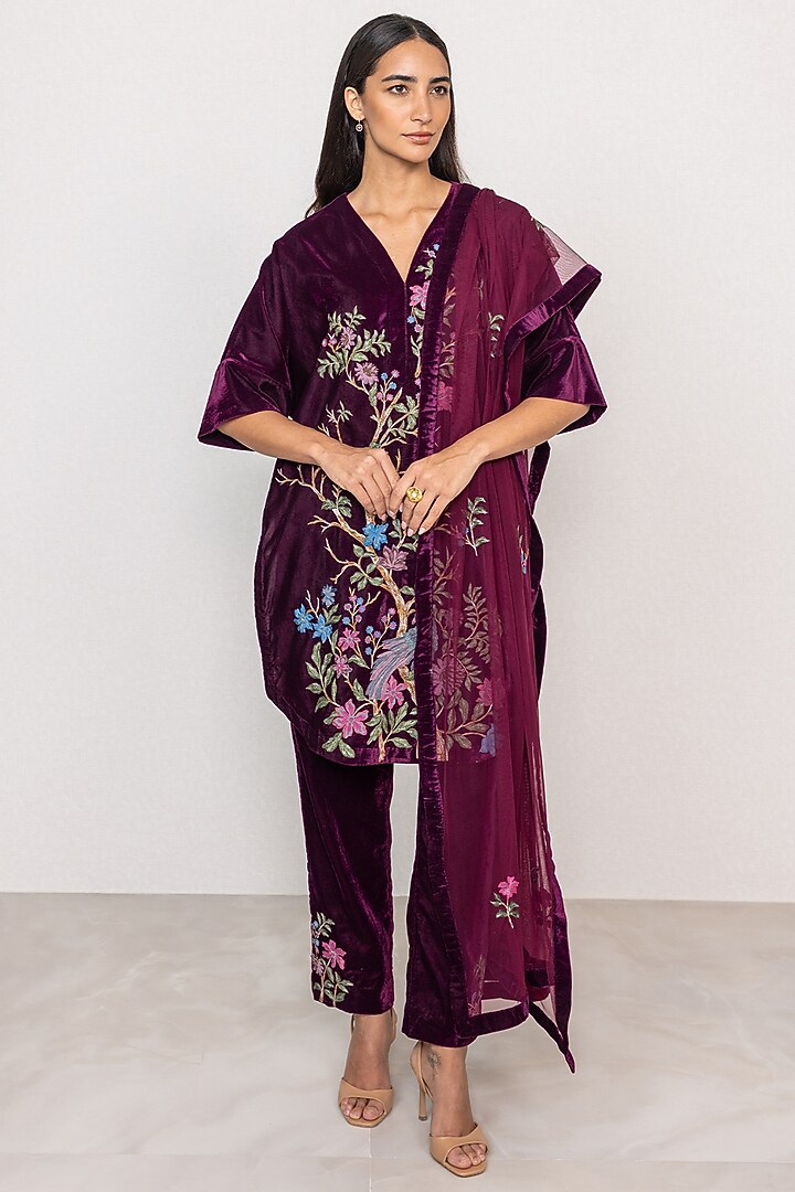Oxblood Velvet Embroidered Tunic Set by Ranna Gill at Pernia's Pop Up Shop