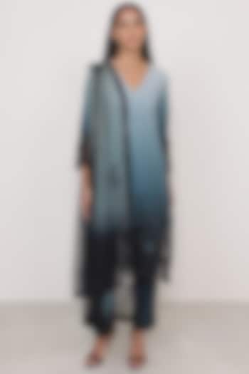 Teal Ombre Poly Crinkle Floral Applique Embroidered Tunic Set by Ranna Gill at Pernia's Pop Up Shop