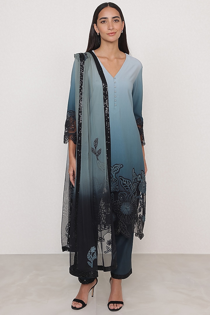 Teal Ombre Poly Crinkle Floral Applique Embroidered Tunic Set by Ranna Gill at Pernia's Pop Up Shop