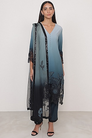 Teal Ombre Poly Crinkle Floral Applique Embroidered Tunic Set by Ranna Gill