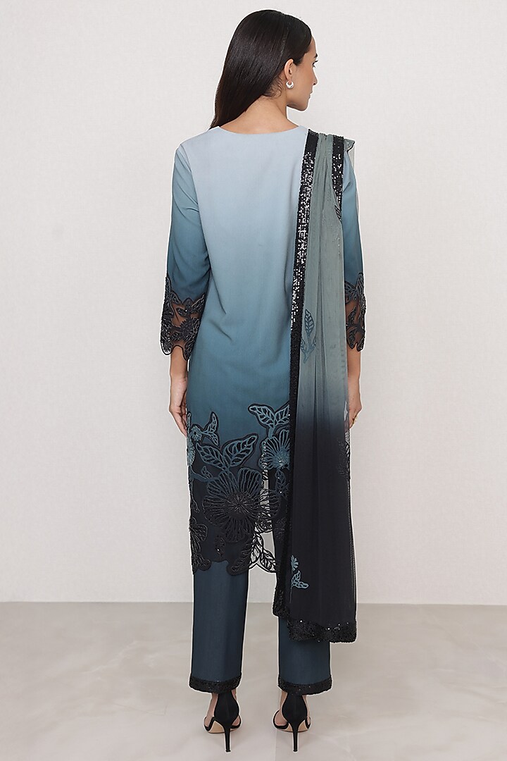 Teal Ombre Poly Crinkle Floral Applique Embroidered Tunic Set by Ranna Gill at Pernia's Pop Up Shop