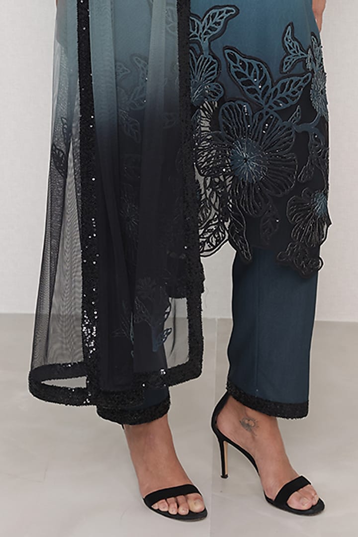 Teal Ombre Poly Crinkle Floral Applique Embroidered Tunic Set by Ranna Gill at Pernia's Pop Up Shop