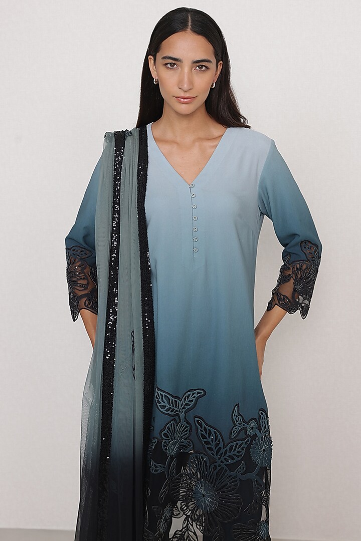 Teal Ombre Poly Crinkle Floral Applique Embroidered Tunic Set by Ranna Gill at Pernia's Pop Up Shop