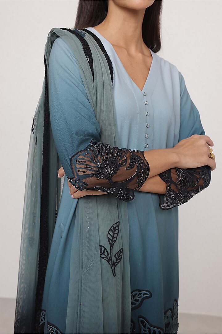 Teal Ombre Poly Crinkle Floral Applique Embroidered Tunic Set by Ranna Gill at Pernia's Pop Up Shop