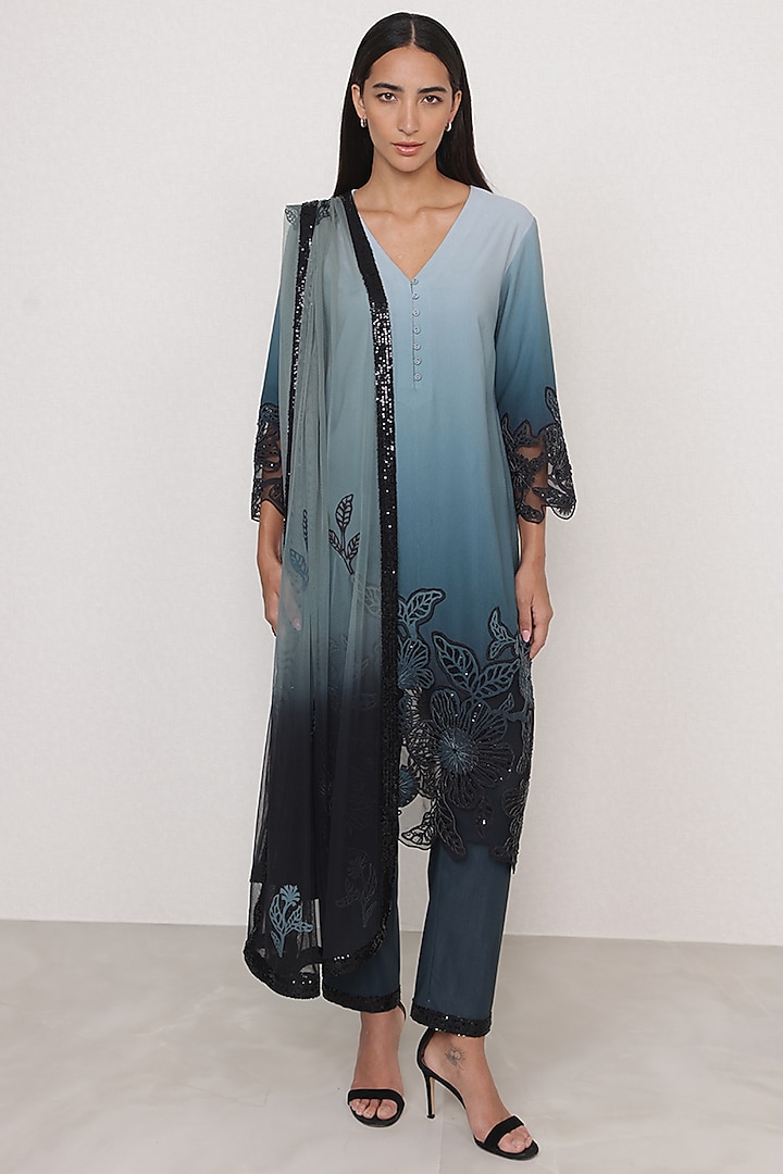 Teal Ombre Poly Crinkle Floral Applique Embroidered Tunic Set by Ranna Gill at Pernia's Pop Up Shop