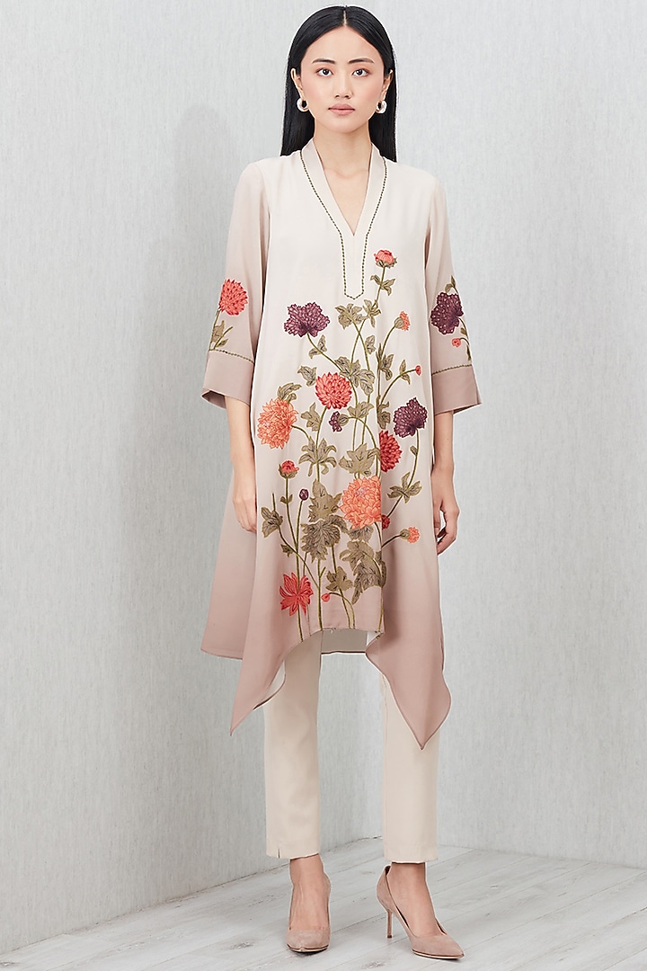 Beige Georgette Thread Embroidered Tunic by Ranna Gill at Pernia's Pop Up Shop