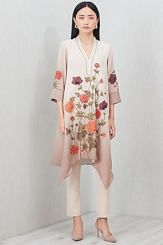 Beige Georgette Thread Embroidered Tunic by Ranna Gill