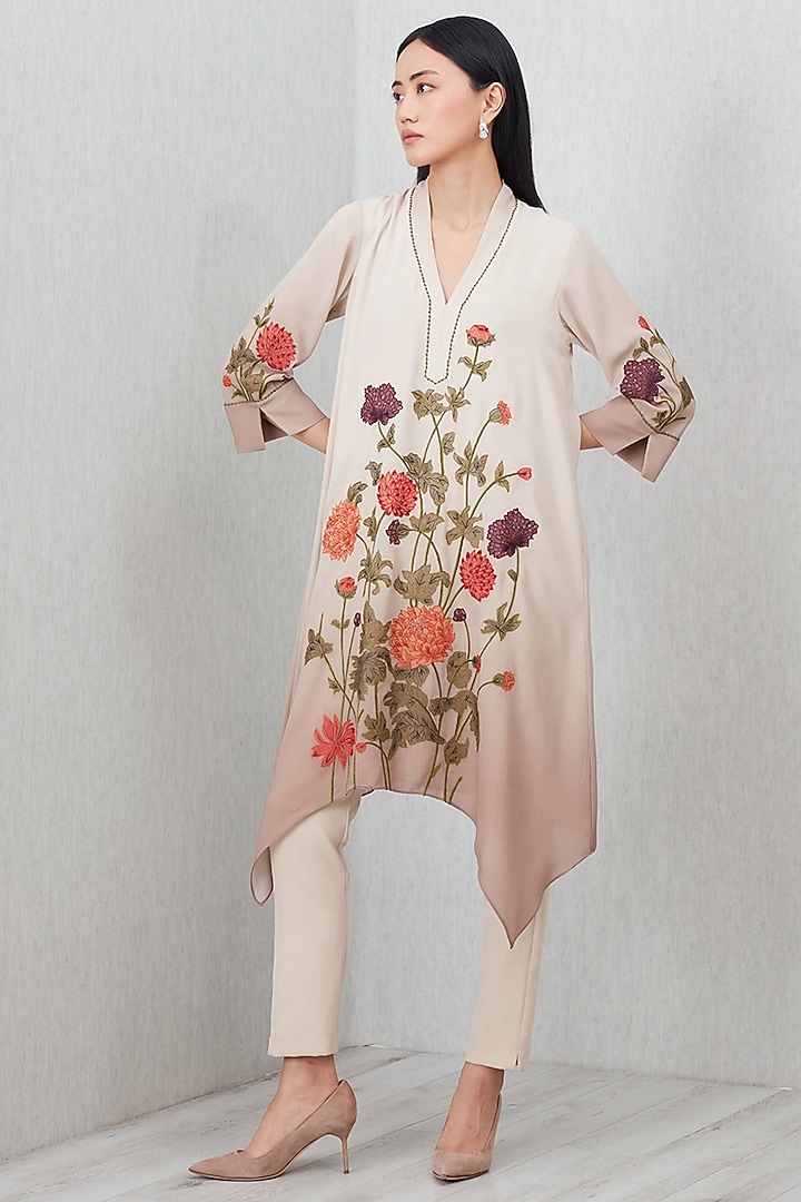 Beige Georgette Thread Embroidered Tunic by Ranna Gill at Pernia's Pop Up Shop