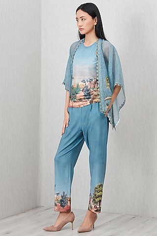 Teal Poly Crinkle Printed Pants by Ranna Gill