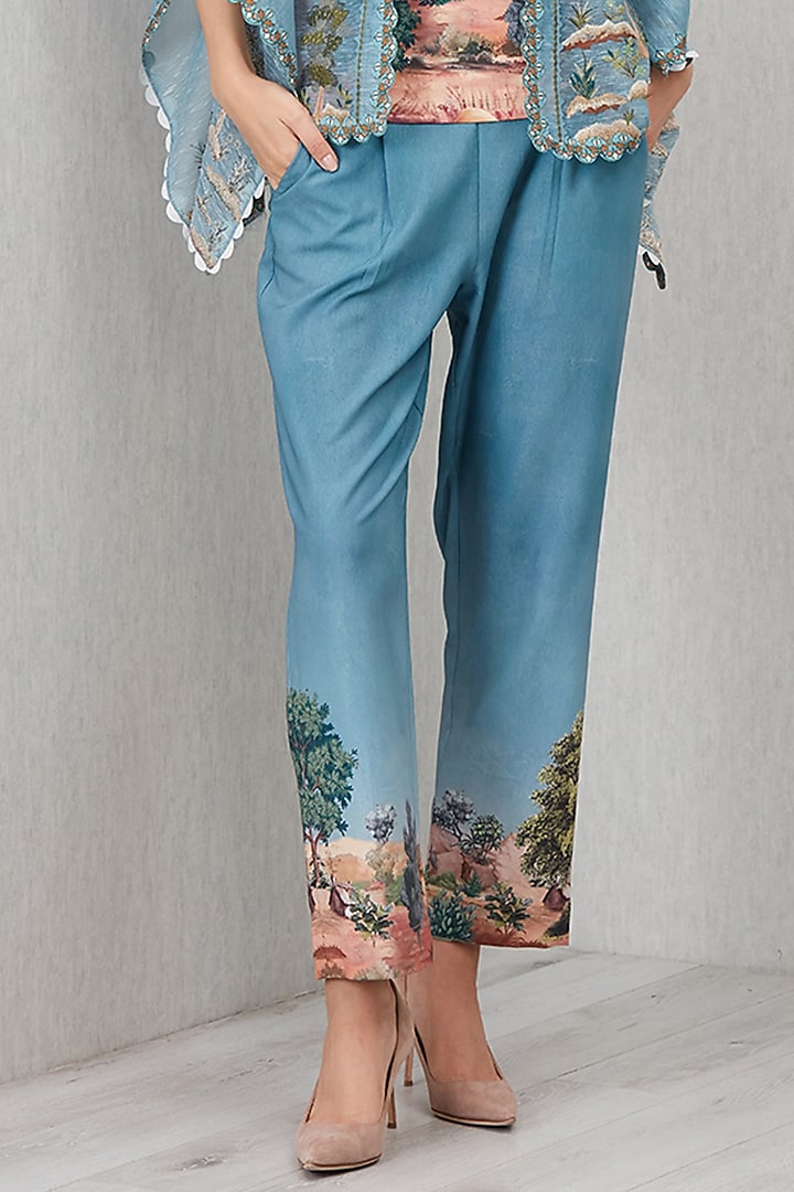 Teal Poly Crinkle Printed Pants by Ranna Gill at Pernia's Pop Up Shop