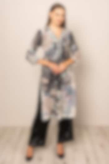 Black Sequin Georgette Floral Printed Tunic by Ranna Gill at Pernia's Pop Up Shop