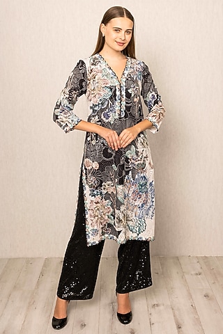 Black Sequin Georgette Floral Printed Tunic by Ranna Gill