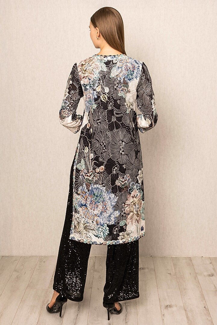 Black Sequin Georgette Floral Printed Tunic by Ranna Gill at Pernia's Pop Up Shop