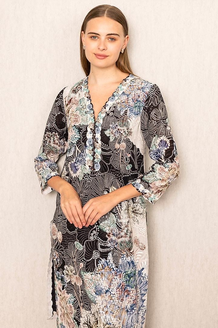 Black Sequin Georgette Floral Printed Tunic by Ranna Gill at Pernia's Pop Up Shop