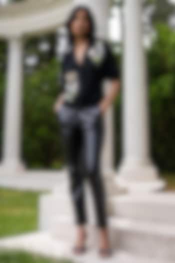 Black Faux Leather Straight Pants by Ranna Gill at Pernia's Pop Up Shop