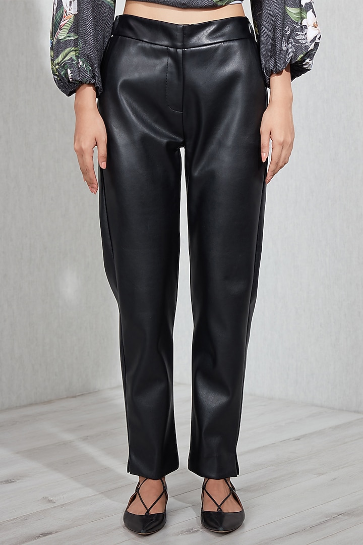 Black Faux Leather Straight Pants by Ranna Gill at Pernia's Pop Up Shop