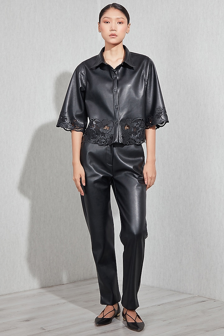 Black Faux Leather Straight Pants by Ranna Gill at Pernia's Pop Up Shop
