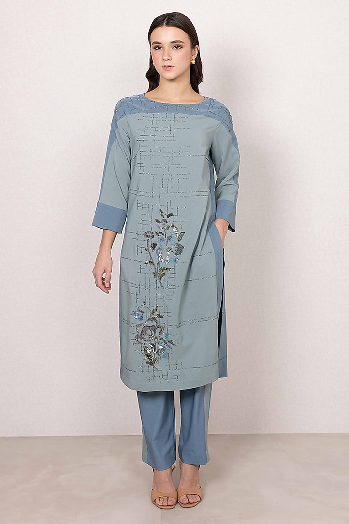 Sage Green Poly Crinkle Printed Tunic Set by Ranna Gill at Pernia's Pop Up Shop