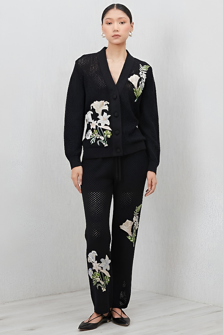 Black Knit Thread Embroidered Co-Ord Set by Ranna Gill at Pernia's Pop Up Shop