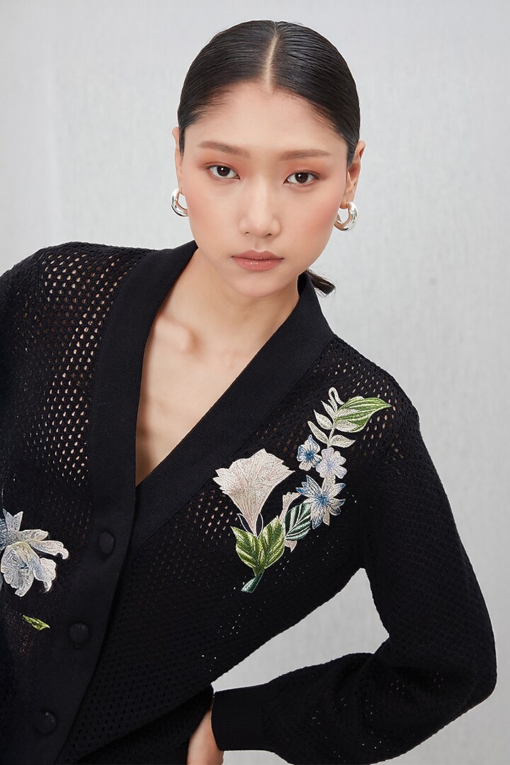 Black Knit Thread Embroidered Co-Ord Set by Ranna Gill at Pernia's Pop Up Shop