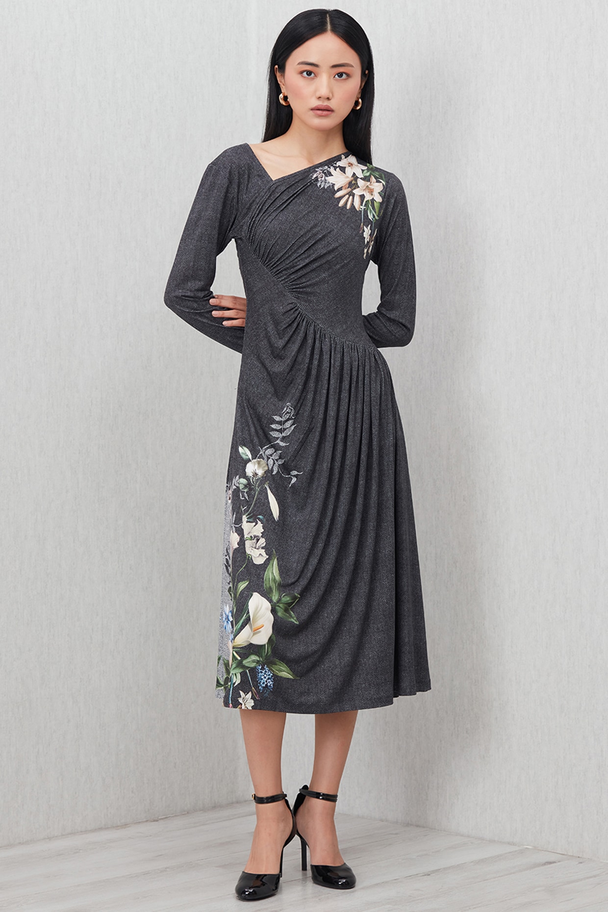 Ranna Gill Grey Soft Jersey Printed Midi Dress