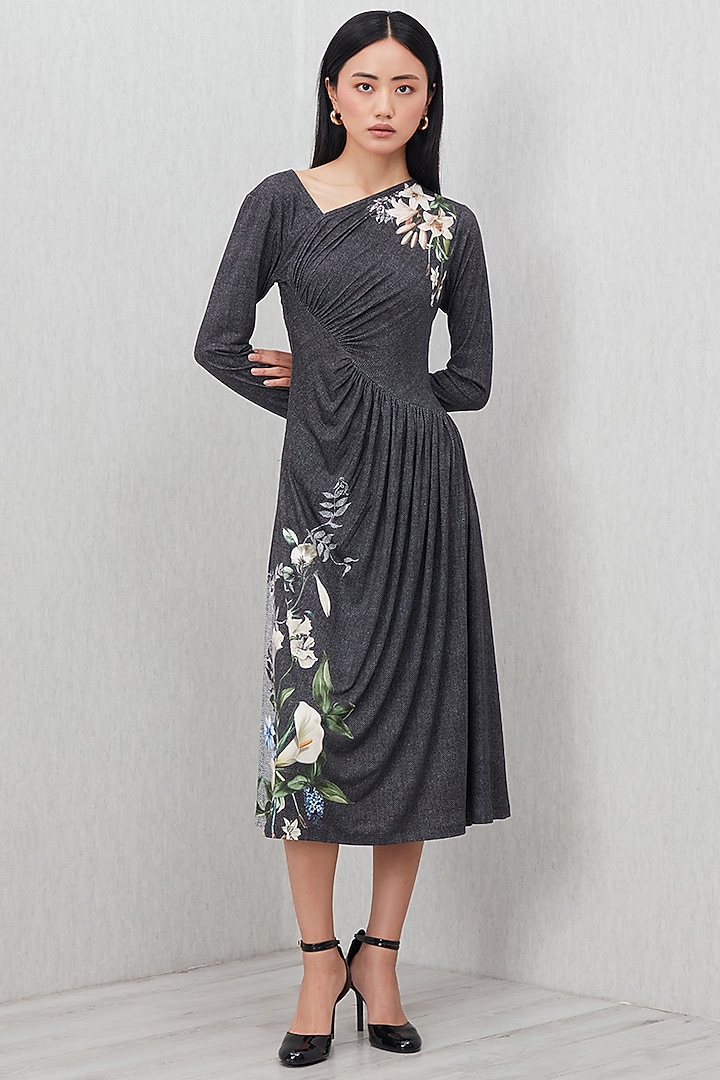 Grey Soft Jersey Printed Midi Vacation Dress by Ranna Gill at Pernia's Pop Up Shop