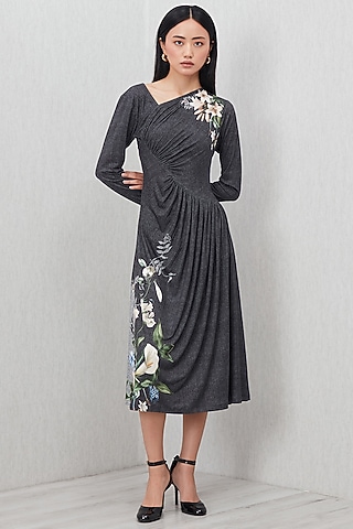 Grey Soft Jersey Printed Midi Dress by Ranna Gill