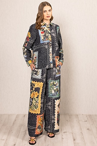Multi-Colored Linen Viscose Floral Printed Shirt by Ranna Gill