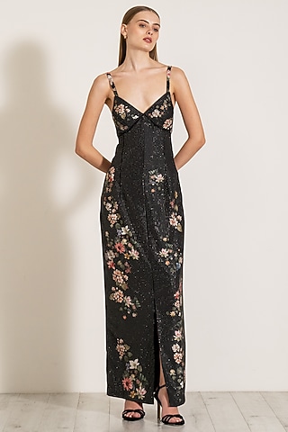 Black Crepe Blend Crystal Embellished Dress by Ranna Gill