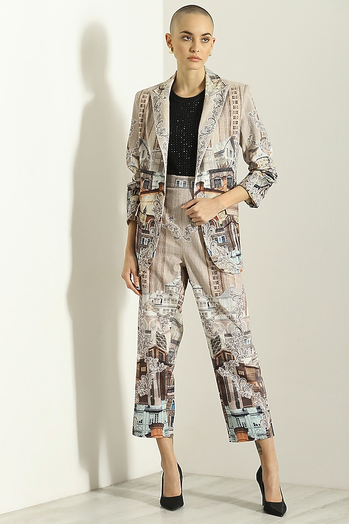 Beige Linen Blend Printed Pants by Ranna Gill at Pernia's Pop Up Shop