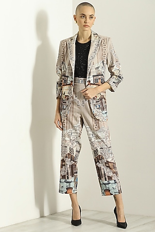 Beige Linen Blend Printed Pants by Ranna Gill
