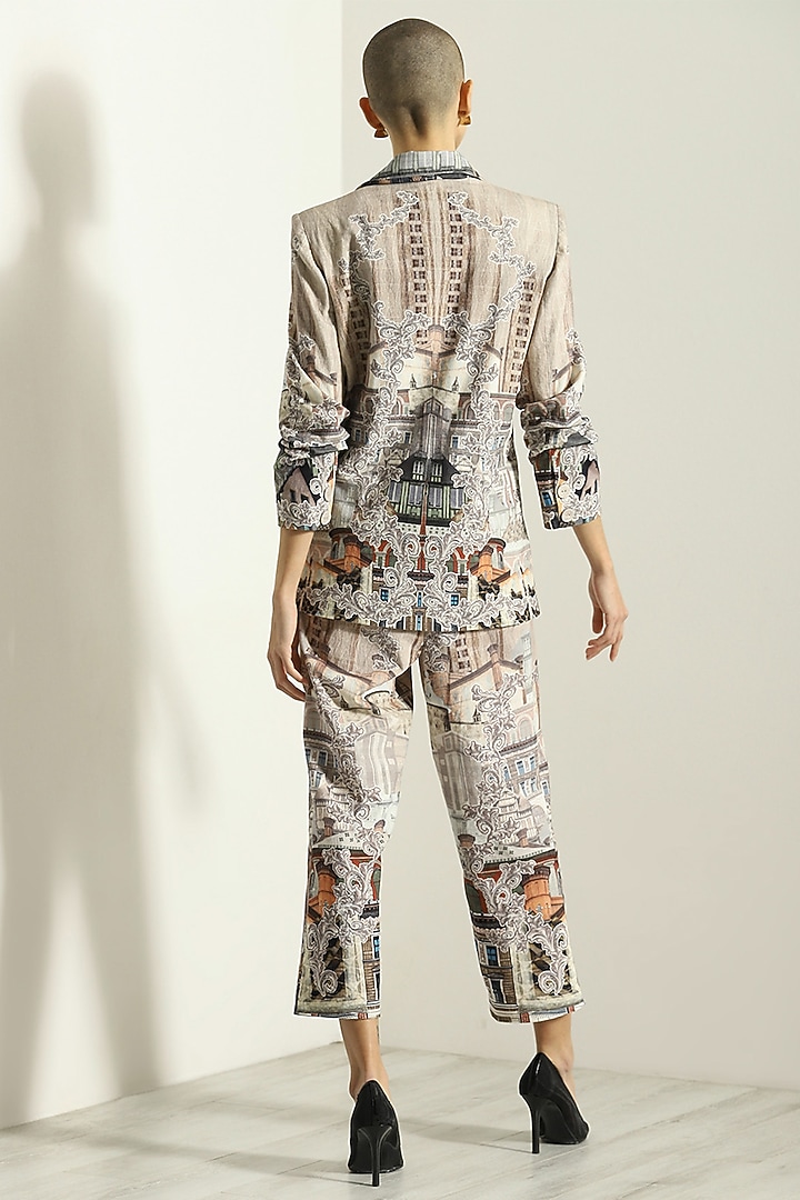 Beige Linen Blend Printed Pants by Ranna Gill at Pernia's Pop Up Shop