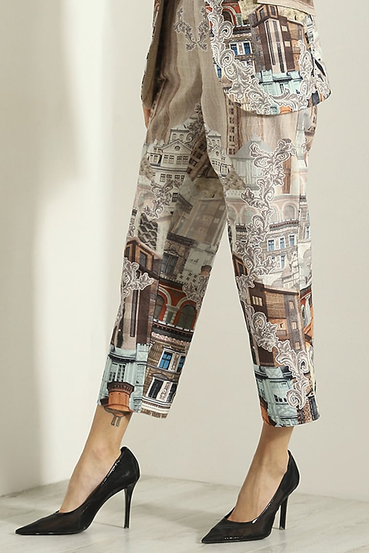 Beige Linen Blend Printed Pants by Ranna Gill at Pernia's Pop Up Shop