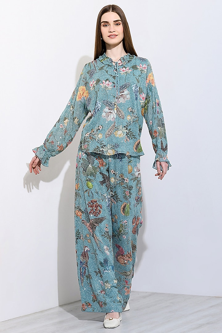 Jade Viscose Georgette Floral Printed & Embroidered Co-Ord Set by Ranna Gill at Pernia's Pop Up Shop