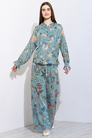 Jade Viscose Georgette Floral Printed & Embroidered Co-Ord Set by Ranna Gill